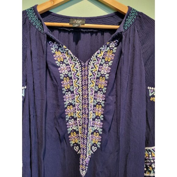 June & Vie Navy Blue Purple Boho Embroidered Long Sleeve Top Tassels Sz M - Picture 2 of 6